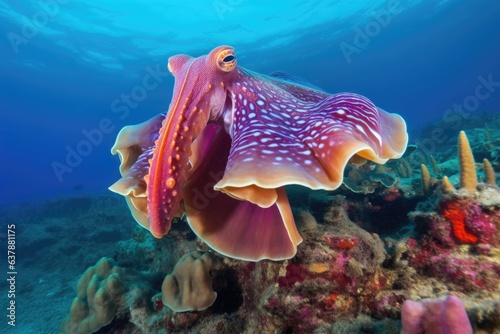 cuttlefish displaying vibrant colors in coral reef