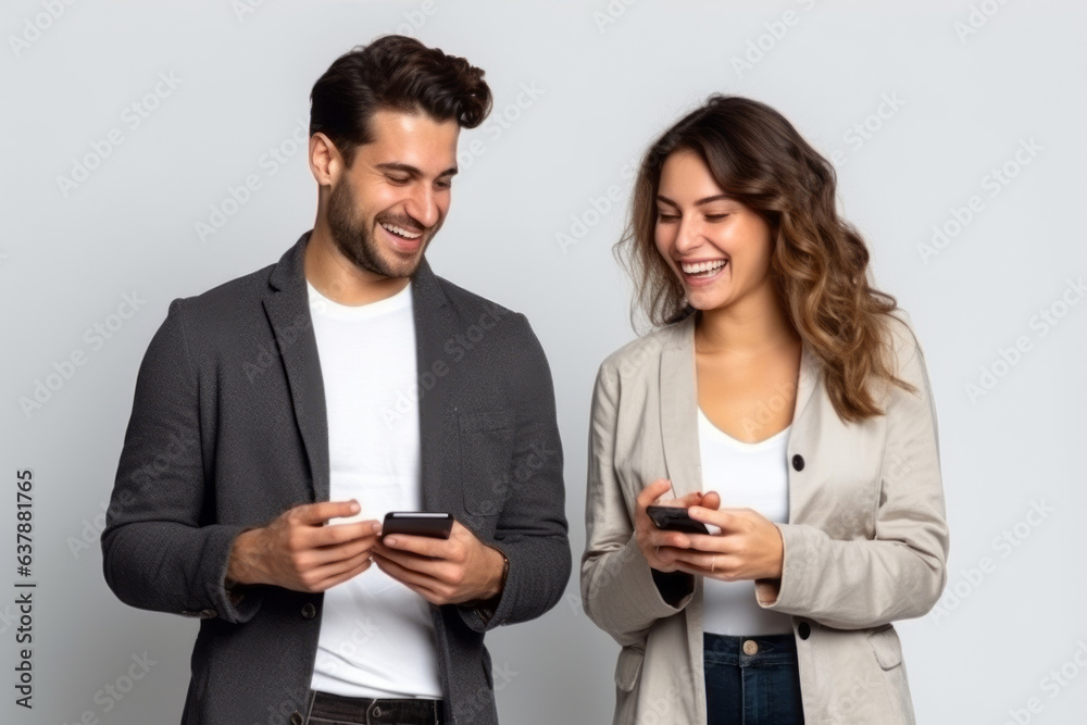 woman and man with phone on white background. . woman and man with phone on white background. .