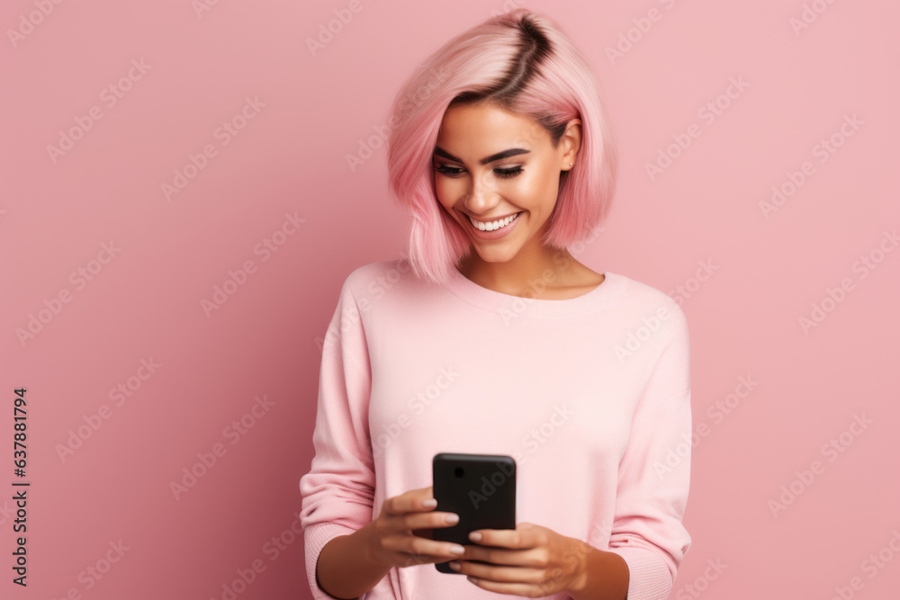 woman with phone on pink background. . woman with phone on pink background. .