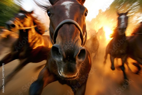 Fototapete tight shot of racehorses nostrils flaring while running
