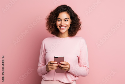 woman with phone on pink background. .