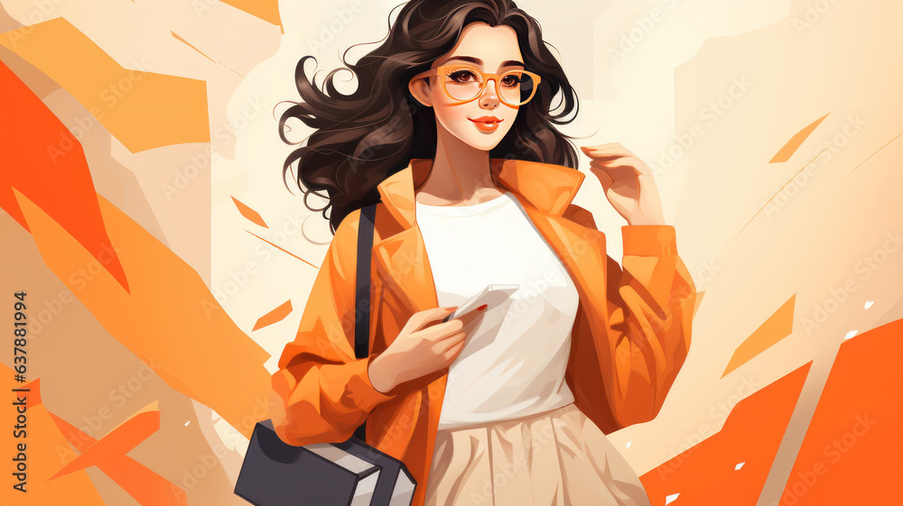 A girl is shopping with a shopping bag in the background of a shopping mall. Flat illustration. . A girl is shopping with a shopping bag in the background of a shopping mall. Flat illustration. .