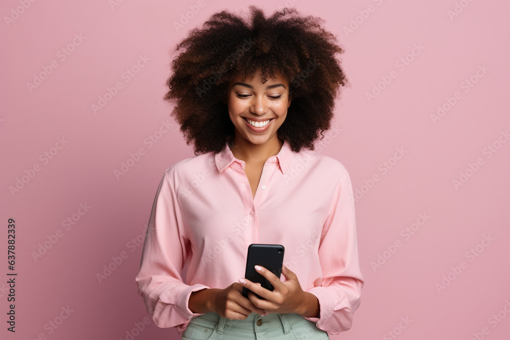 Black woman with phone on studio background . . Black woman with phone on studio background . .