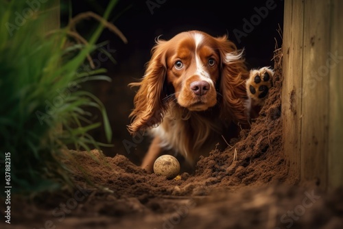 dog retrieving hidden toy from dug hole