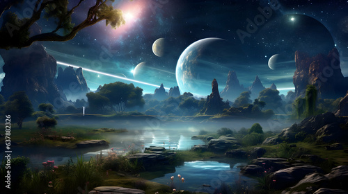 Fantasy landscape of an unknown planet, sci-fi landscape with planet, dark outer space