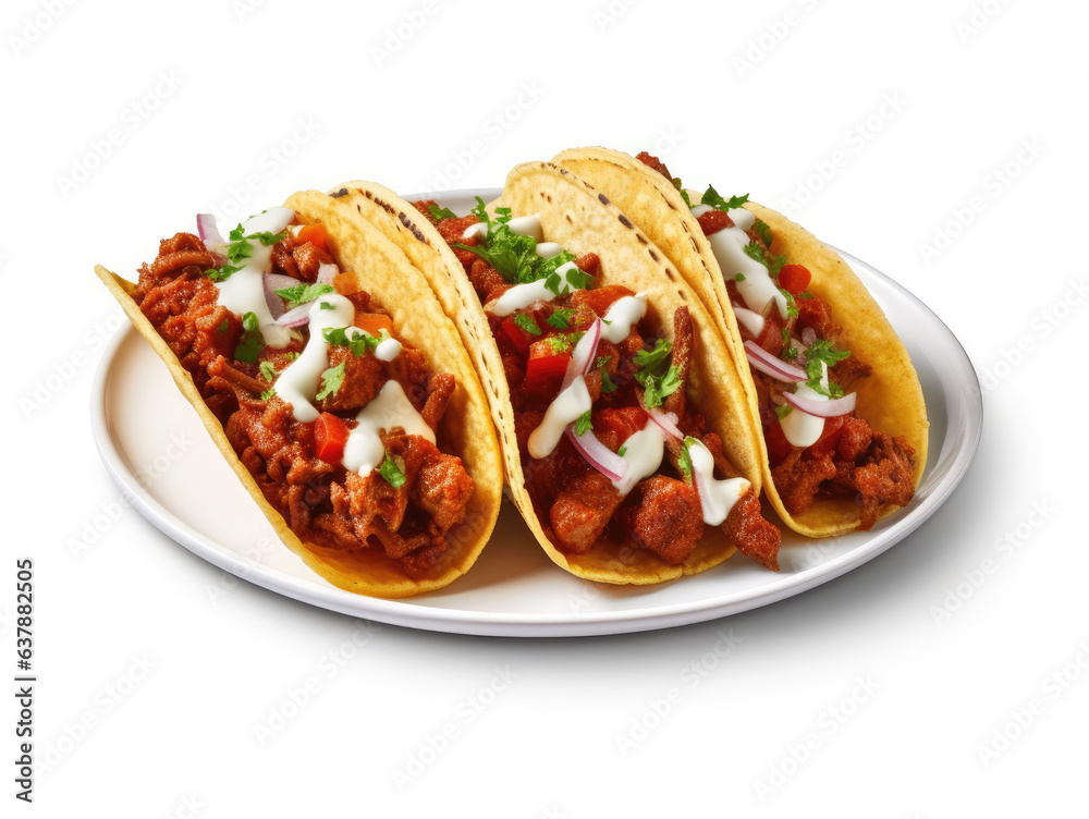 Mexican tacos with beef in tomato sauce and salsa isolated on a white background Mexican tacos with beef in tomato sauce and salsa isolated on a white background