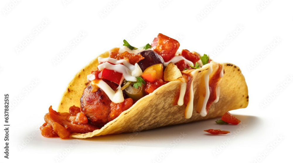 Mexican tacos with beef in tomato sauce and salsa isolated on a white background