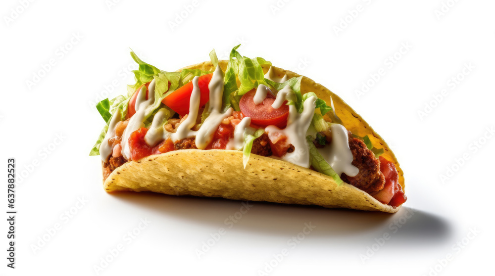 Mexican tacos with beef in tomato sauce and salsa isolated on a white background Mexican tacos with beef in tomato sauce and salsa isolated on a white background