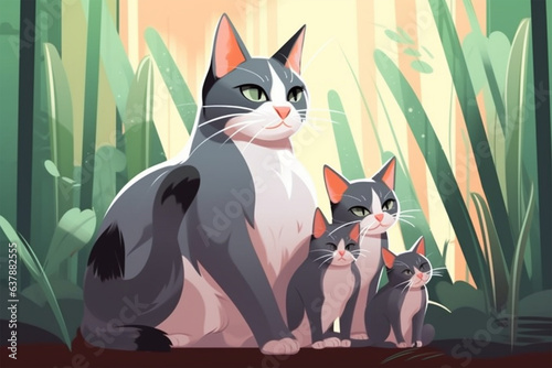 Cartoon Stail Mother Cat and Her Cubs