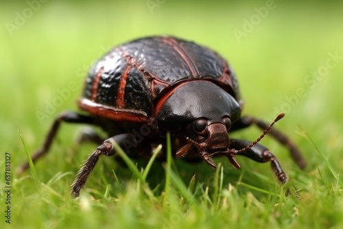 extreme close-up of dung beetle rolling ball on grass