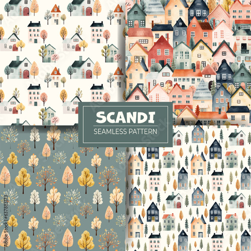 Set of cute watercolor buildings and trees pattern. Scandinavian, european houses vector background