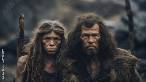 serious neanderthal caveman couple wearing fur and looking at camera