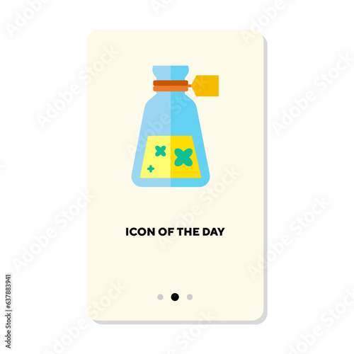 Perfume sprayer bottle with yellow liquid flat icon. Vertical sign or vector illustration of cologne bottle, fragrance. Glamour, cosmetics, odor, perfumery concept for web design and apps