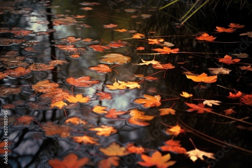 fallen leaves floating on puddle surface