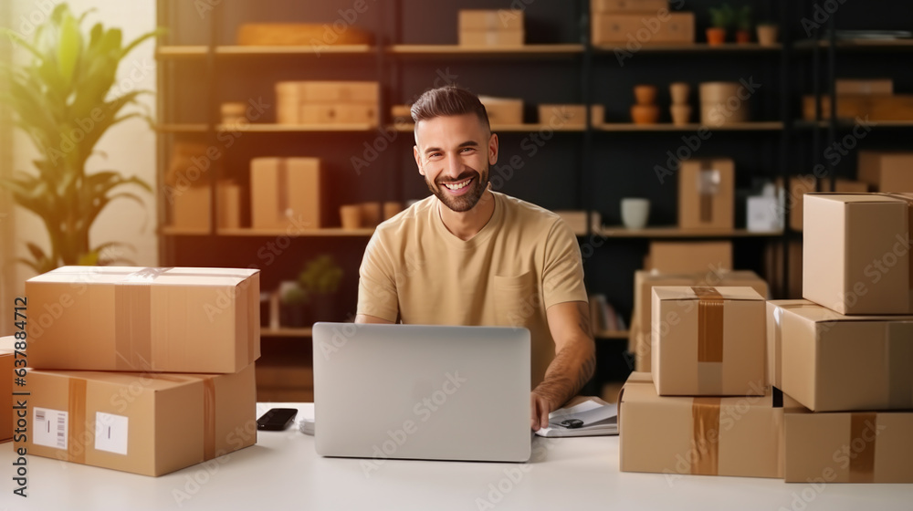 Start up of enterprise small business owner at the workplace. small business entrepreneur SME or freelance working with a box at home. to deliver to customers. Online selling, e-commerce Start up of enterprise small business owner at the workplace. small business entrepreneur SME or freelance working with a box at home. to deliver to customers. Online selling, e-commerce