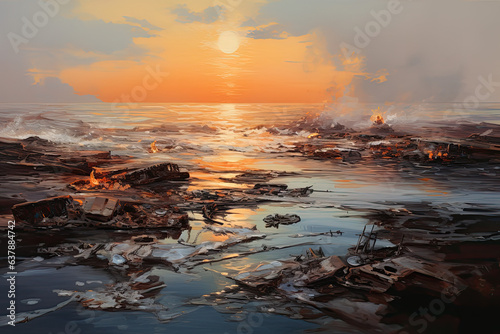 Sunrise over a polluted sea, generative ai photo