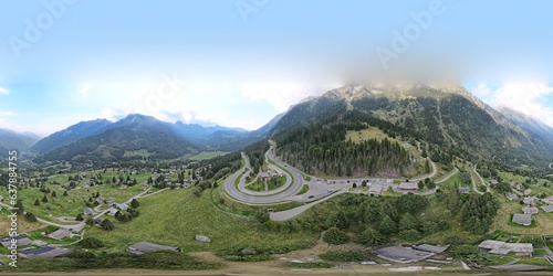 Aerial View of Swiss Mountain curvy highway between the mountains . Mesocco, Swizerland. 