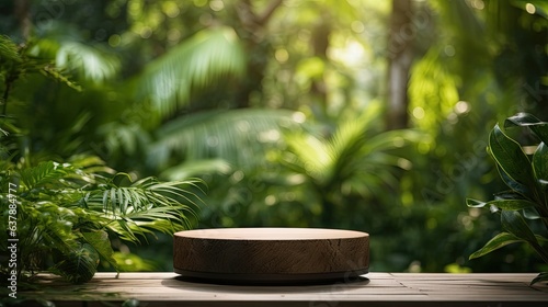 Wooden product display podium with blurred background. Wooden podium in tropical forest for product presentation and green background. Illustration Generative AI.