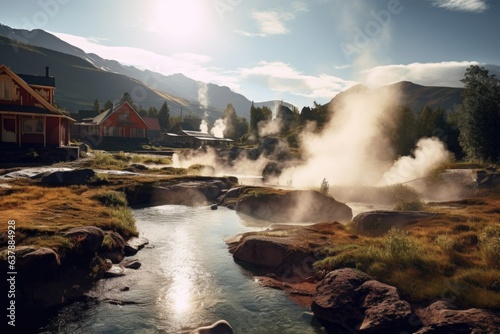 steam rising from geothermal hot springs in a scenic setting