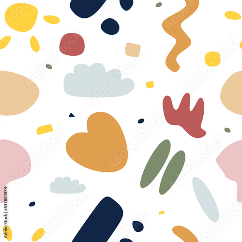 Seamless pattern with abstract scribble graphic elements on white background. Hand drawn doodle elements in pastel shades. Minimal style design of kid forms or shapes. Vector