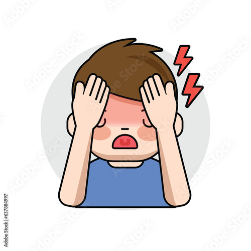  Boy suffering from headache or migraine touching his forehead.