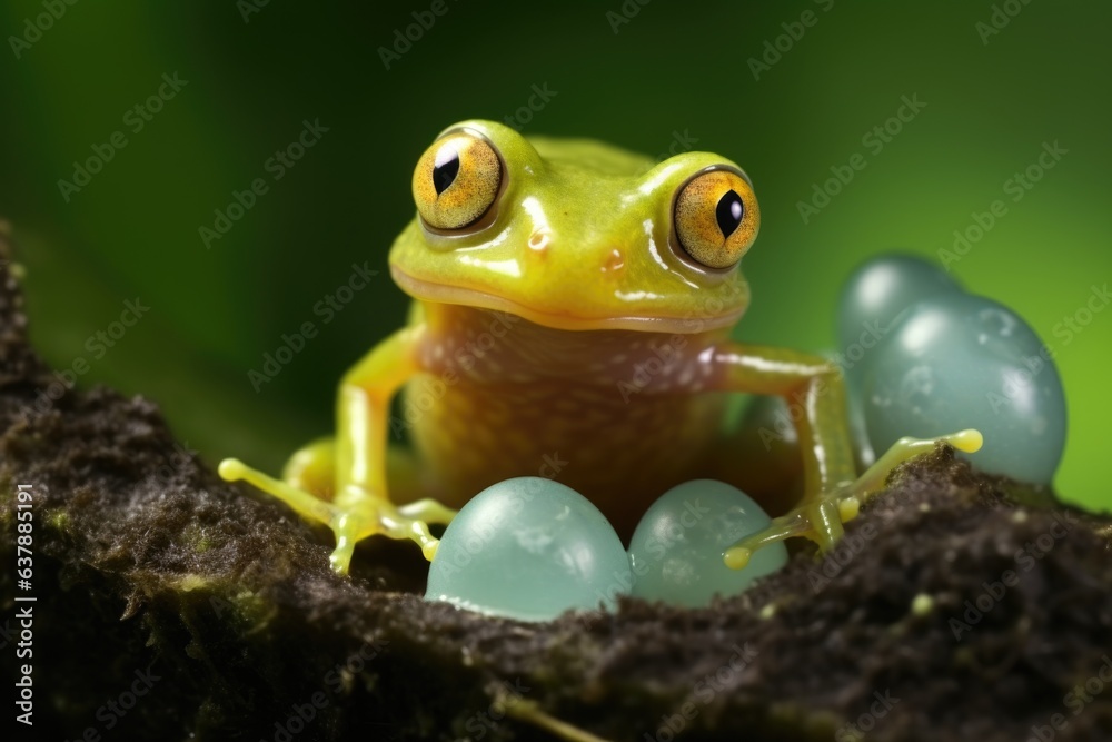 Naklejka premium glass frog watching over eggs in a small pond