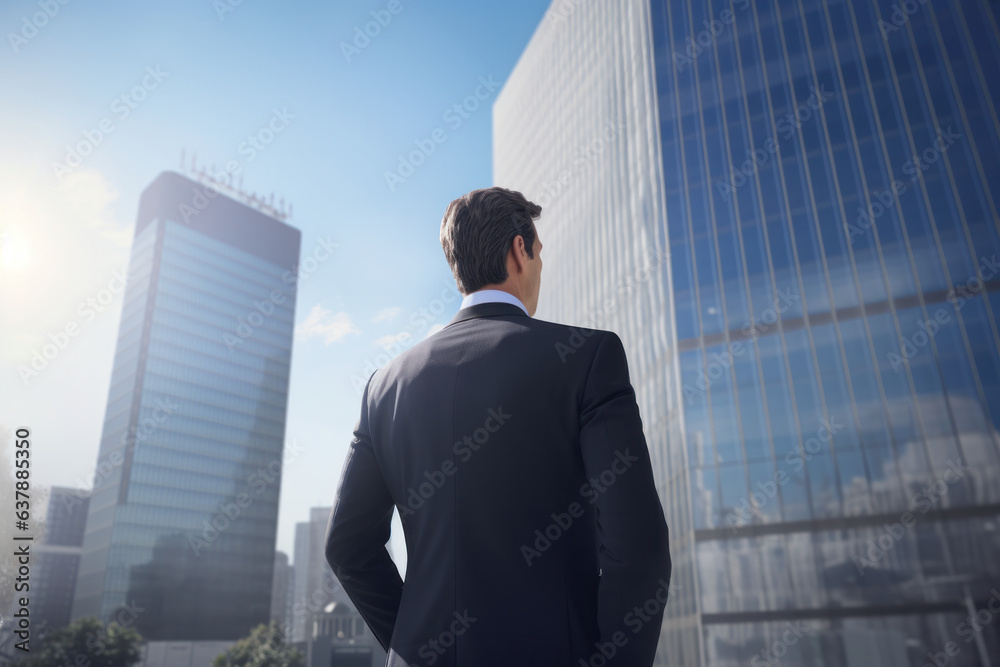 Businessman facing tall skyscraper in modern American city.