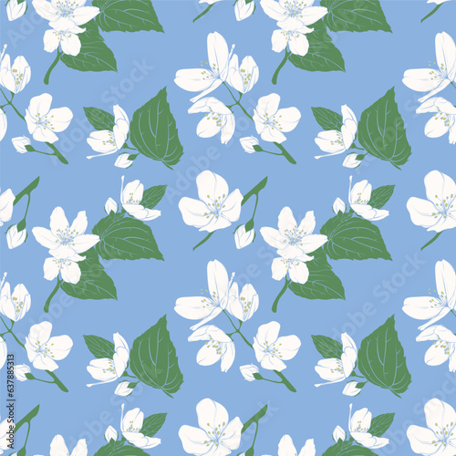 seamless illustration of cherry, apple, jasmine flowers. pattern of delicate petals and leaves. design for wallpaper, packaging, wrapping paper.