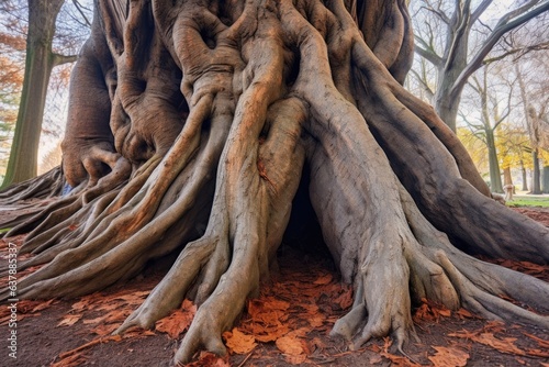 tree roots spreading out like veins from the trunk photo