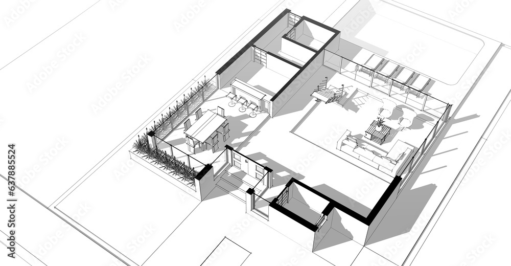 Modern house sketch 3d rendering