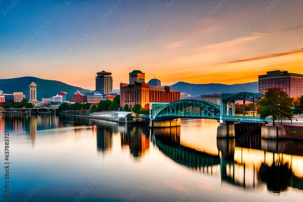 Downtown Chattanooga, Tennessee, at dusk on Tennessee River