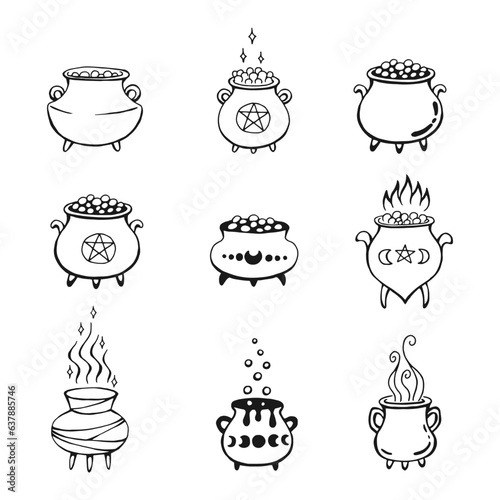 Set of boiling magic cauldron. Hand drawn vector illustration isolated on white background.