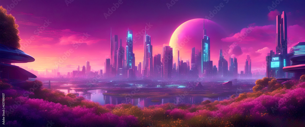 A wide angle shot from a flower meadow of a futuristic city in a purple haze against the background of a sunset sky. Fantasy illustration in cyberpunk style. A wide angle shot from a flower meadow of a futuristic city in a purple haze against the background of a sunset sky. Fantasy illustration in cyberpunk style.