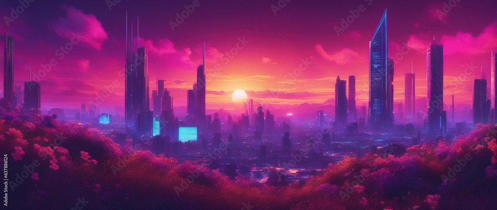 A wide angle shot from a flower meadow of a futuristic city in a purple haze against the background of a sunset sky. Fantasy illustration in cyberpunk style.