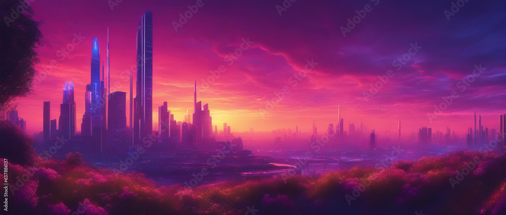 A wide angle shot from a flower meadow of a futuristic city in a purple haze against the background of a sunset sky. Fantasy illustration in cyberpunk style.