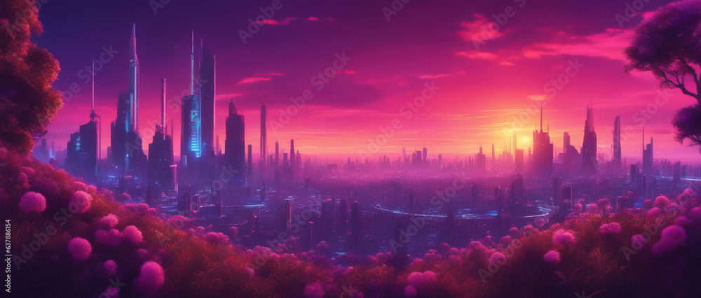 A wide angle shot from a flower meadow of a futuristic city in a purple haze against the background of a sunset sky. Fantasy illustration in cyberpunk style.