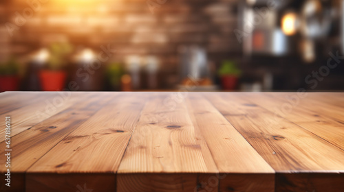 Wood table top on blurred kitchen background © UsamaR