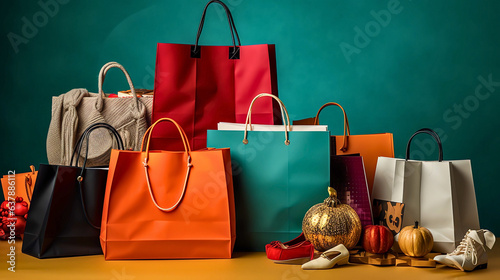 Vibrant products steal the spotlight in modern composition, capturing the excitement of Black Friday shopping sales. photo