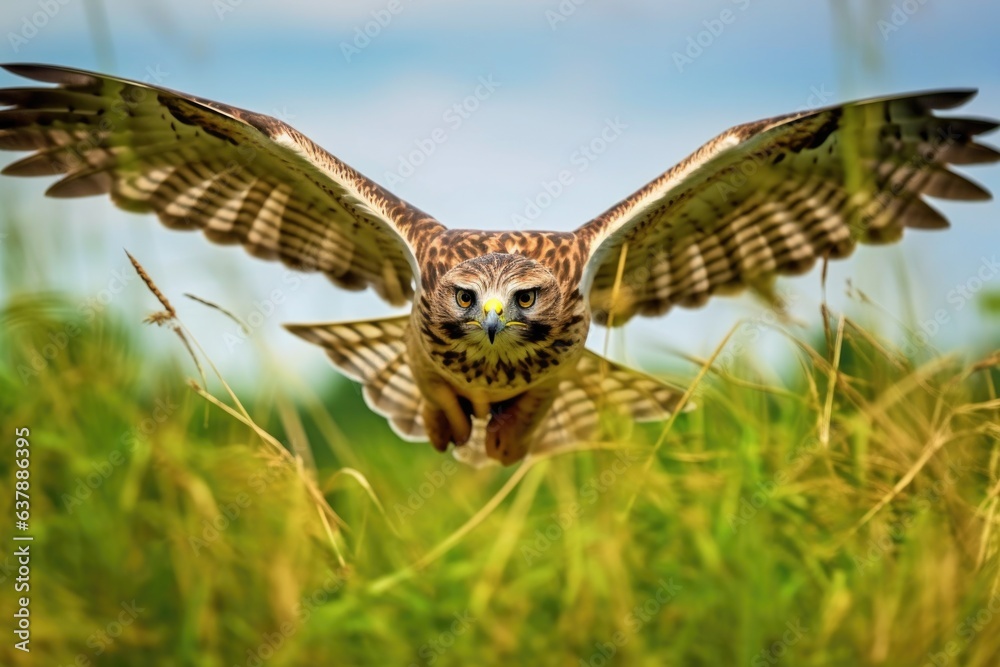 Obraz premium hawk hovering over a meadow, eyes locked on a target