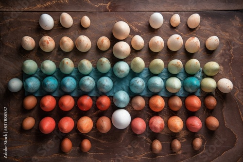 top view of eggs arranged artistically on wood