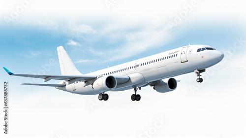 Wide body passenger airliner flying isolated on white background