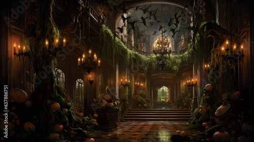 In a grand  ivy-covered mansion  chandeliers emit a soft  ghostly light. Guests in elaborate costumes from different eras gather for a masquerade ball.