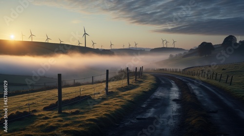 wind turbines at sunrise in the countryside. green energy  nature background.