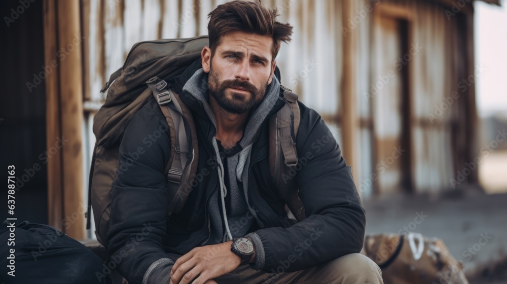 Obraz premium Thirty year old tourist is traveling outdoors, with backpack. Beautiful illustration picture. Generative AI