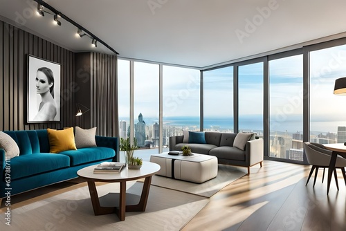 living room interior with glass windows