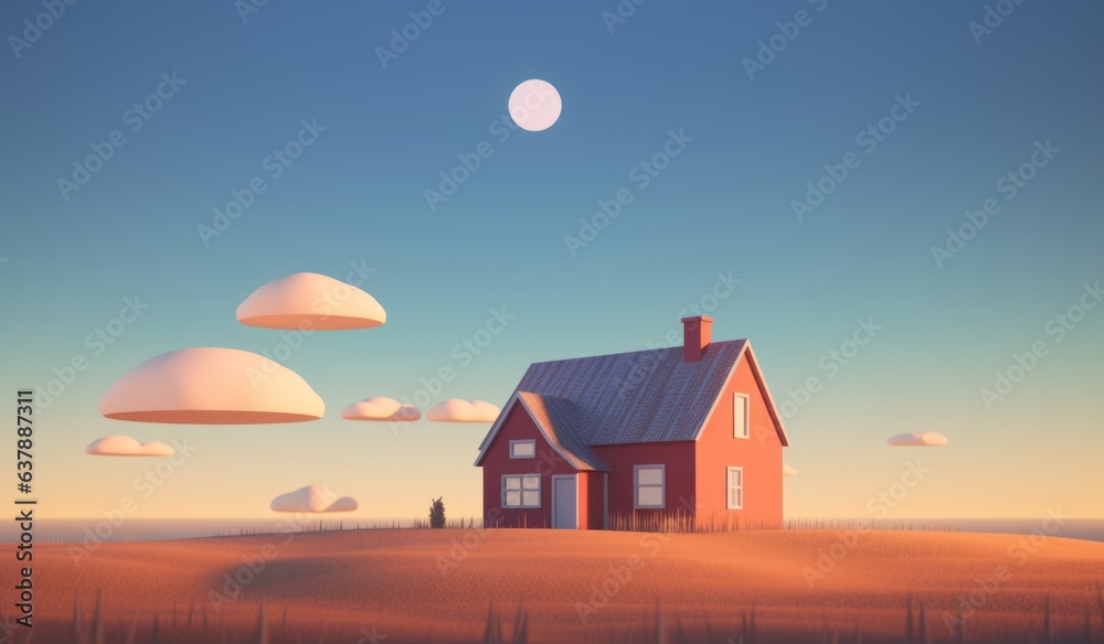 Sky with clouds. Small house, minimalistic style, outdoors. Beautiful illustration picture. Generative AI Sky with clouds. Small house, minimalistic style, outdoors. Beautiful illustration picture. Generative AI