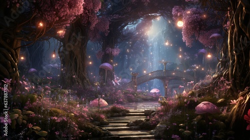 Night in a fairytale forest, imaginary magical land photo