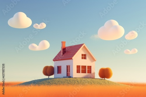 Sky with clouds. Small house, minimalistic style, outdoors. Beautiful illustration picture. Generative AI