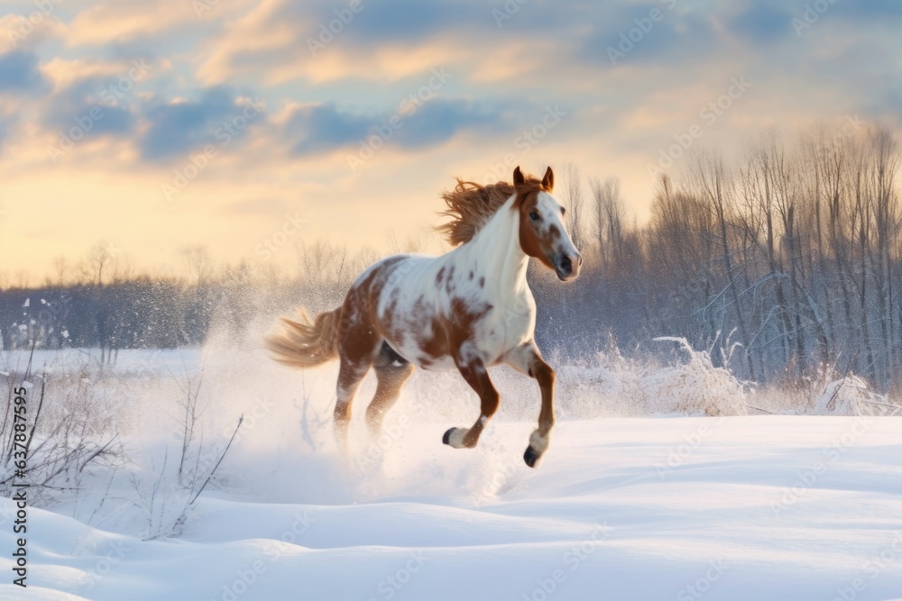 Obraz premium energetic horse galloping in snow-covered field