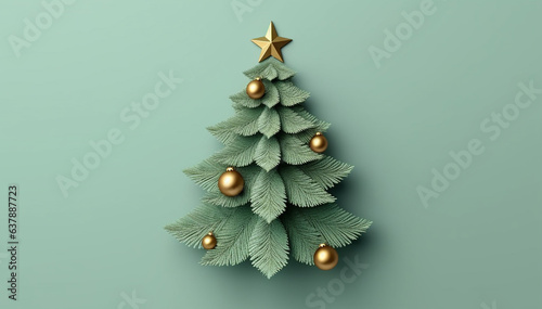 Christmas Tree Mockup Closeup isolated. Green background. Christmas Eve top view flat lay. Winter traditional holidays. Merry Christmas Happy New Year concept blank template copy space. Ai generative